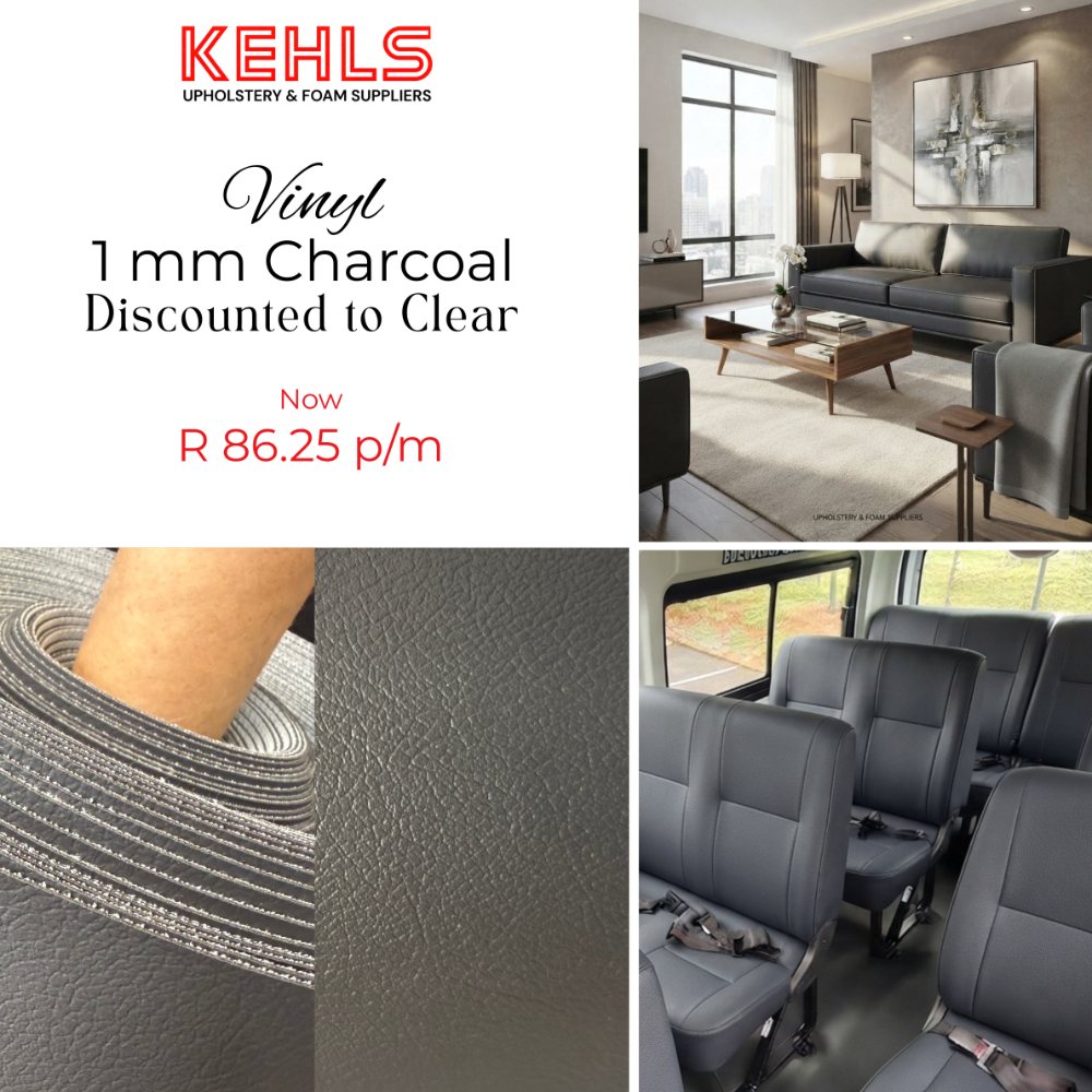 1mm Charcoal vinyl discounted to clear at R86.25 per metre, shown on a sofa and minibus seats