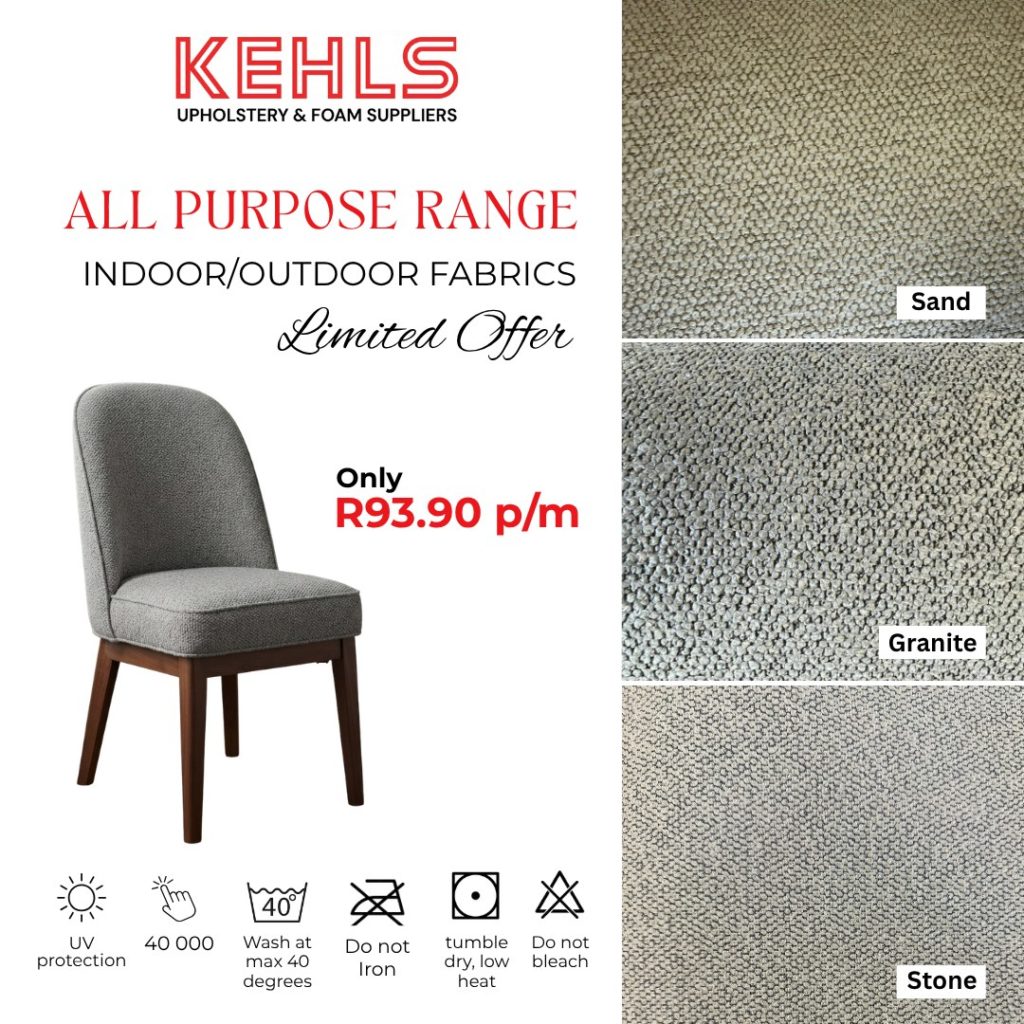 Kehls All Purpose Range indoor and outdoor upholstery fabric special at R93.90 per metre in Sand, Granite and Stone, UV protected, 40 000 rub count