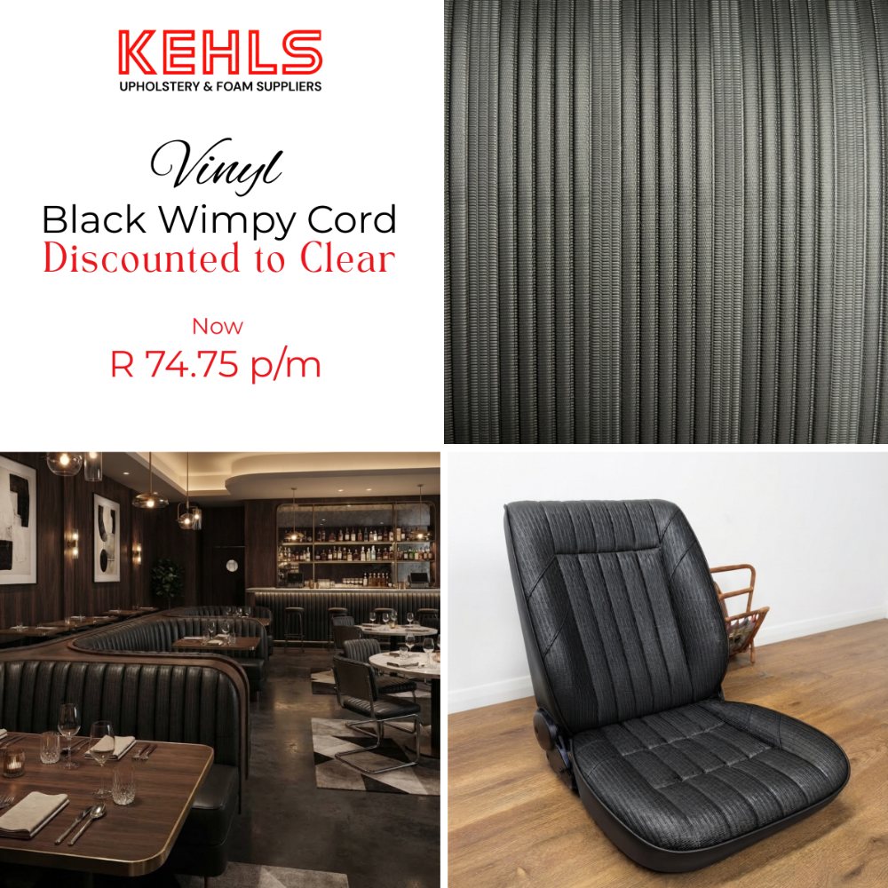 Black Wimpy Cord vinyl discounted to clear at R74.75 per metre, shown on restaurant booths and a car seat