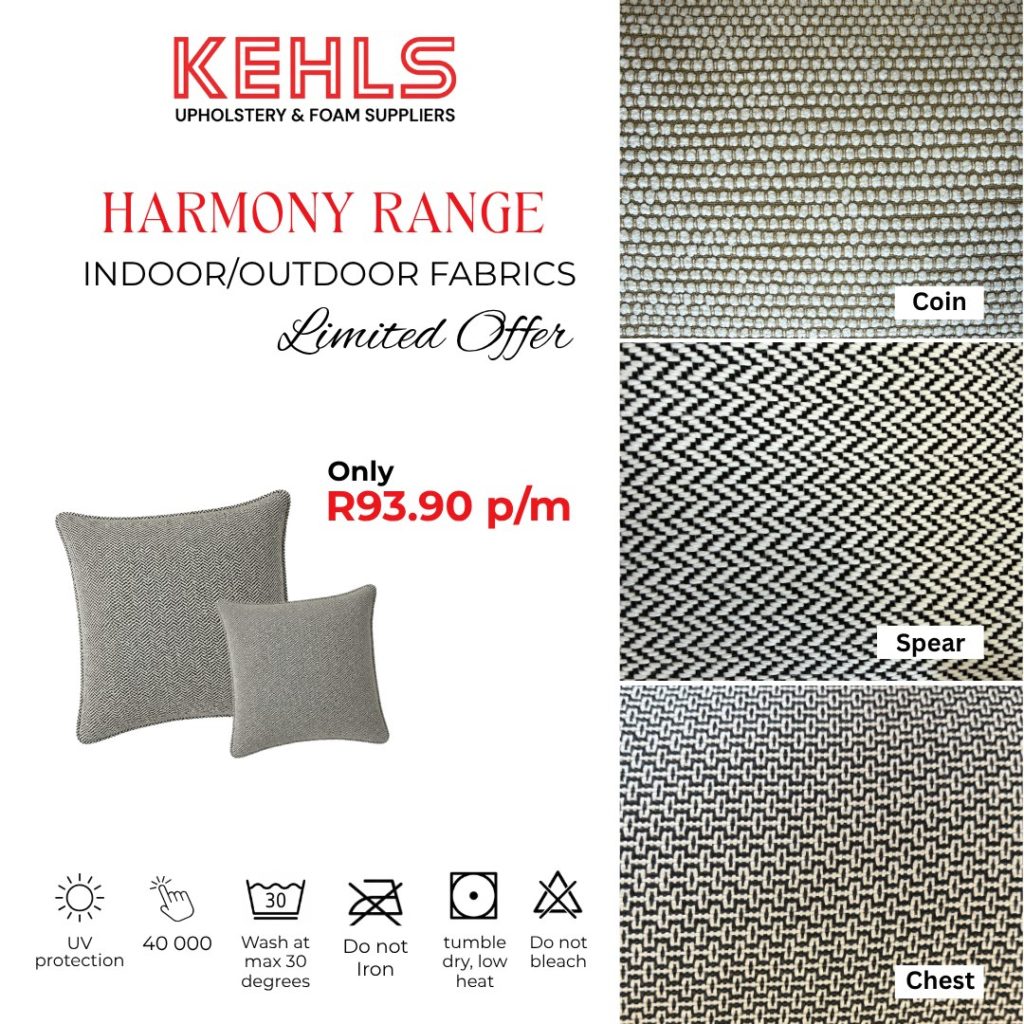 Kehls Harmony Range indoor and outdoor upholstery fabric special at R93.90 per metre in Coin, Spear and Chest, UV protected, 40 000 rub count